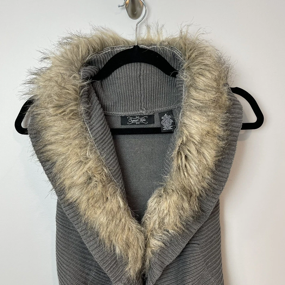 CRISTAL KOBE Animal Ribete Tejido Suéter Chaleco Gris Imitación Piel Ribete Talla Pequeña BC  Foto 2 de 4
