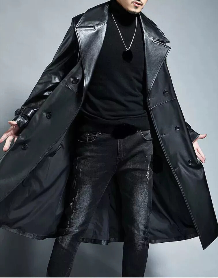 Luxurious Long Winter Style Mens Leather Trench Coat Refined Mens