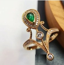 2.50Ct Pear Cut Green Emerald Halo Lab Created Band Ring 14K Yellow Gold Plated