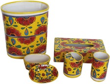 5 Pcs Mexican Talavera Ceramic Canary Bathroom Accesories Set. Free Shipping