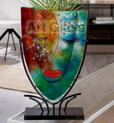 ÉNORME vase visage et support style Picasso abstrait en verre dart 49 cm numéros achats limités