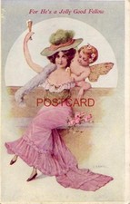 FOR HE'S A JOLLY GOOD FELLOW woman and cupid angel share a toast Signed F KRATKI