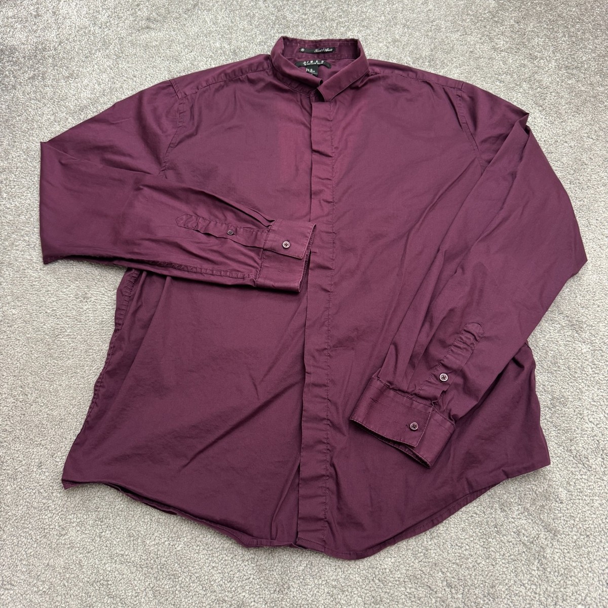 21 Men Band Collar Hidden Button Down Shirt Mens XL Burgundy Long