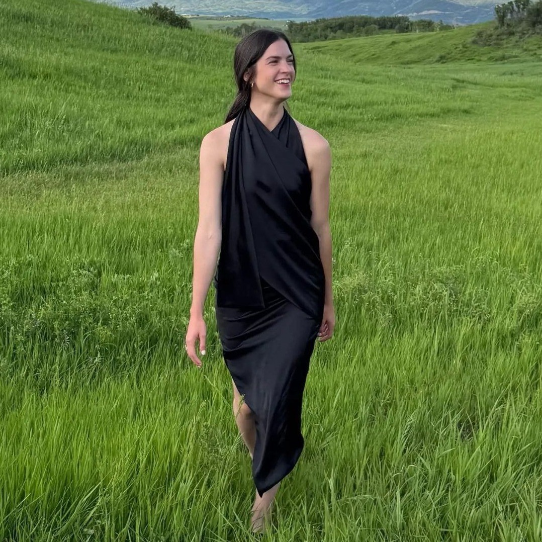 Arias Asymmetrical Midi Dress Black Draped Satin Halter Sash Womens Sz 12 image 5