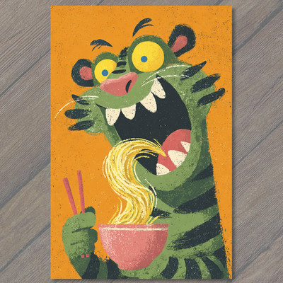 POSTCARD Tiger Ramen Noodles Cartoon Hungry Wild Cat Funny Food Bowl