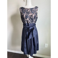 J Howard Navy Blue Scroll Pleated Belted Knee Length Formal Party Dress Womens 8