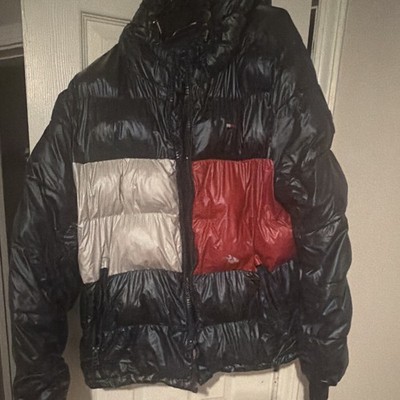 Tommy Hilfiger Men's L Colorblock Hooded Puffer Jacket Black/White/Red