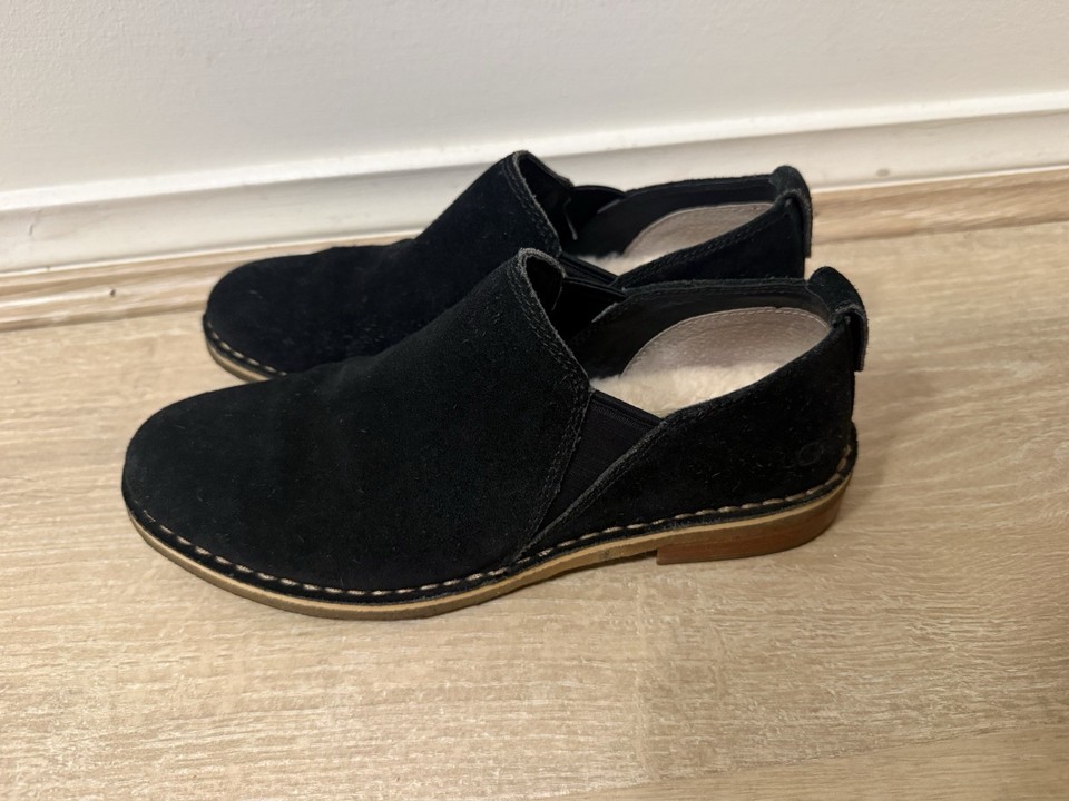 UGG Women's Black Suede Slip-On Flat Shoes, Round Toe, Stitched, wool inside