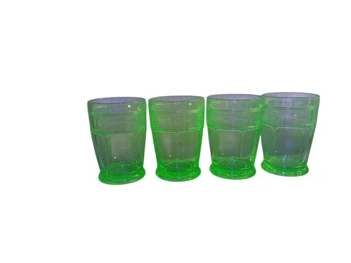 Jeannette Doric 4 Tumbler Cups Green Depression Glass Uranium Vaseline