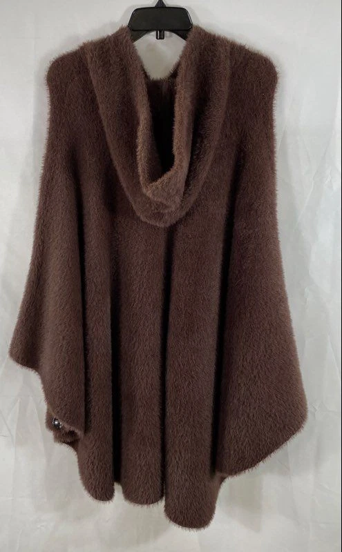 Solitaire Women's Brown Fuzzy Eyelash Knit Hooded Button Front Poncho Cape