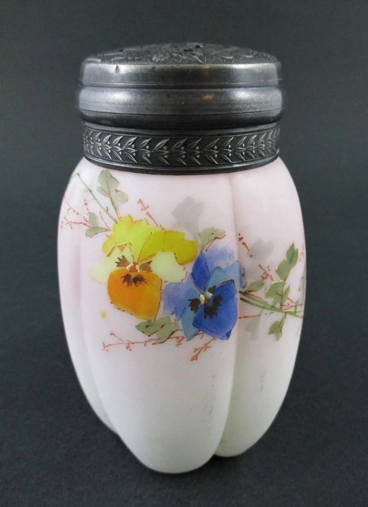 PANSIES - antique SUGAR SHAKER w/Fancy PEWTER Lid - 5" muffineer Mt. WASHINGTON