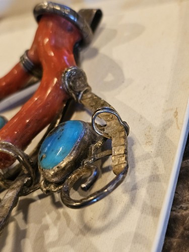 Ciondolo vintage grande Zuni turchese e ramo corallo cerimoniale sterling *79,2 gr - Foto 7 di 24