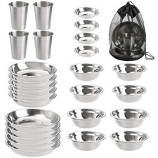 26 PCS Stainless Steel Camping Mess Kit Dish Plates Bowls Cups Tableware Set