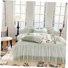 Lace Ruffled Duvet Cover Set, Chic Bedding with Cute Bowknot,Kids Queen Green