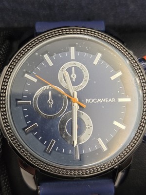 Rocawear Men's Multifunction Blue Dial Gunmetal Watch Blue Silicone Strap New