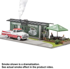 O Scale Caboose Coffee Shop Building Prelit with Die-Cast Truck, Figures, Train