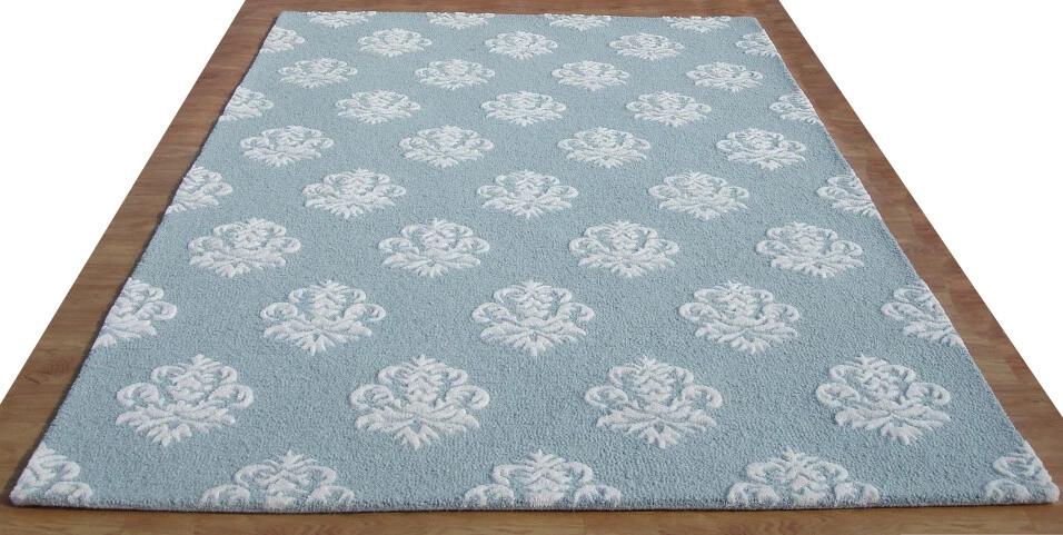 Damask Blue White Modern Loop Handmade Hand-Tufted 100% Wool Area Rug Carpet. - Image 2 of 4
