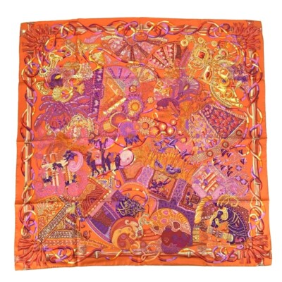 Hermes Scarf Stole Au fil du Carre Orange Purple by Annie Faivre