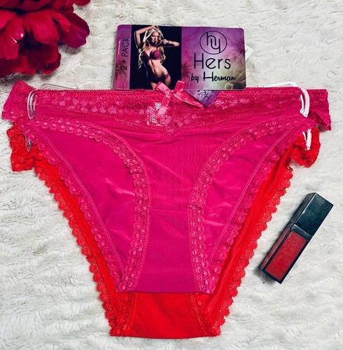 HERS BY HERMAN Paquete de 2 Bragas Fabulosas de Encaje Hipster Talla M - Rosa Caliente y Rojo - Imagen 2 de 3