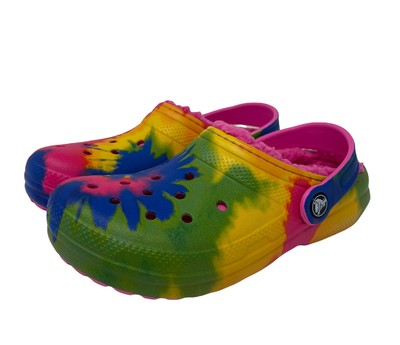 electric pink multi crocs lined