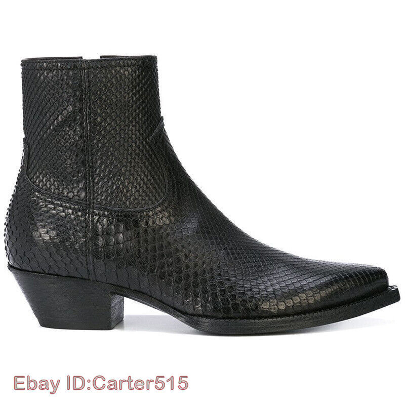 Men's British Chelsea Boots Real Leather Pointed Toe Western Cuban Heel Snakeskin Design-image