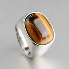 Vintage Coffee Stone Wedding Ring Stainless Steel Tiger Eye Gemstone Biker Ring