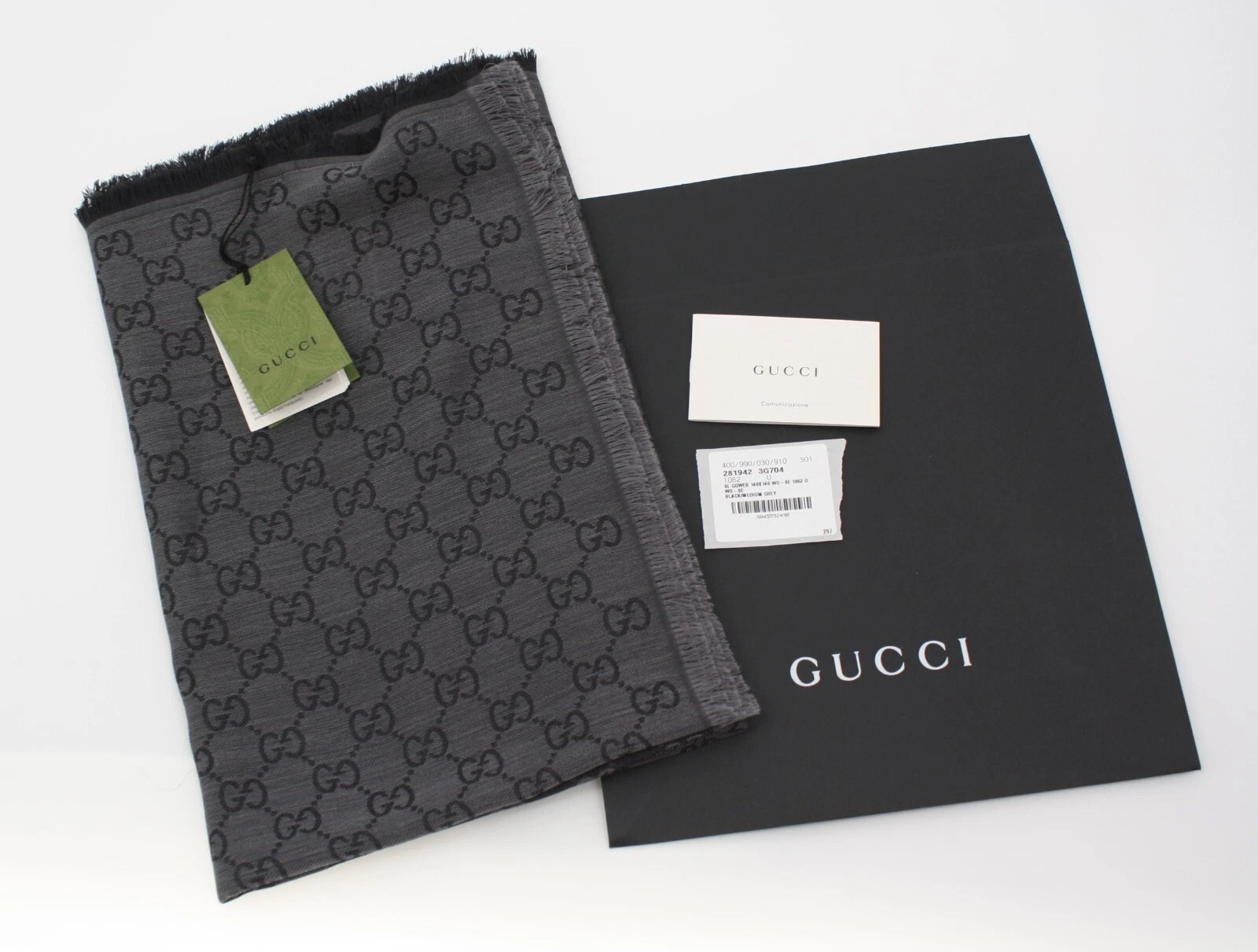 CHÂLE GG WEB 55 x 55 NOIR / GRIS MOYEN laine légère GUCCI GUCCISSIMA neuf avec étiquette