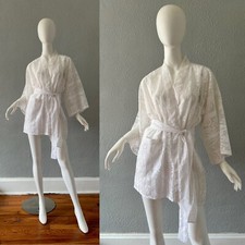 Vintage White HIPPIE Sheer Lace Kimono BOHO Tie Cover Up Robe