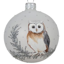 Owl Blown Glass Ornament   Hand Painted European Mouth-Blown White Glass Ball