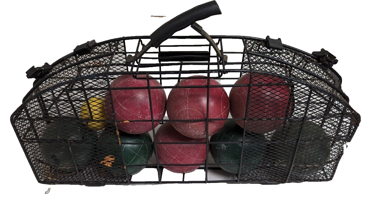 VINTAGE EDDIE BAUER COMPETION BOCCE BALL SET IN A STEEL WIRE CARRYING
