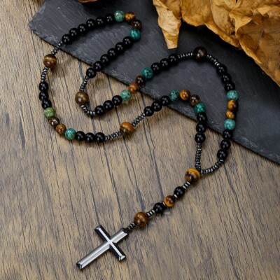 Christ Hematite Cross Pendant African Turquoise Tiger Eye Obsidian Bead Necklace