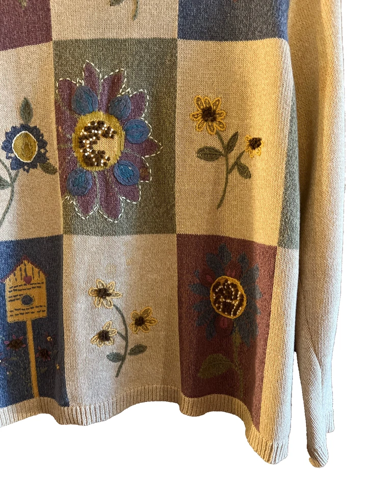 Женский свитер Granny Core Alfred Dunner XL бежевый сине-розовый цвет цветочный блок - Изображение 4 из 4