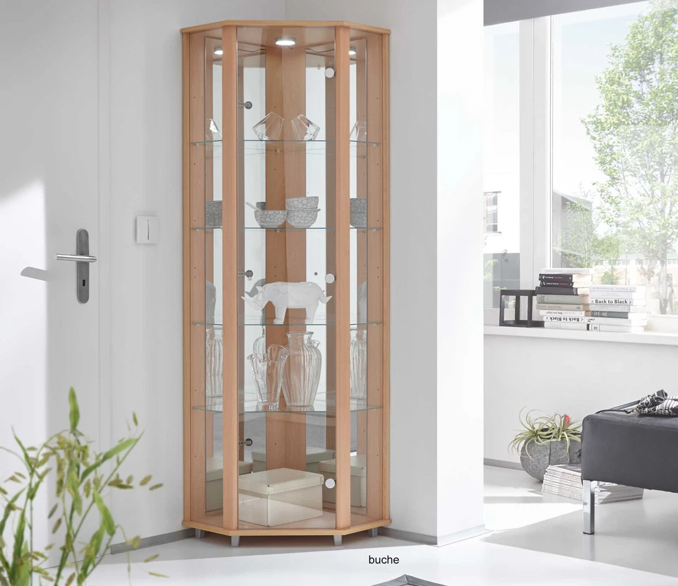 Glasvitrine für Ecke Eckvitrine mit Beleuchtung und Spiegelrückwand viele Farben