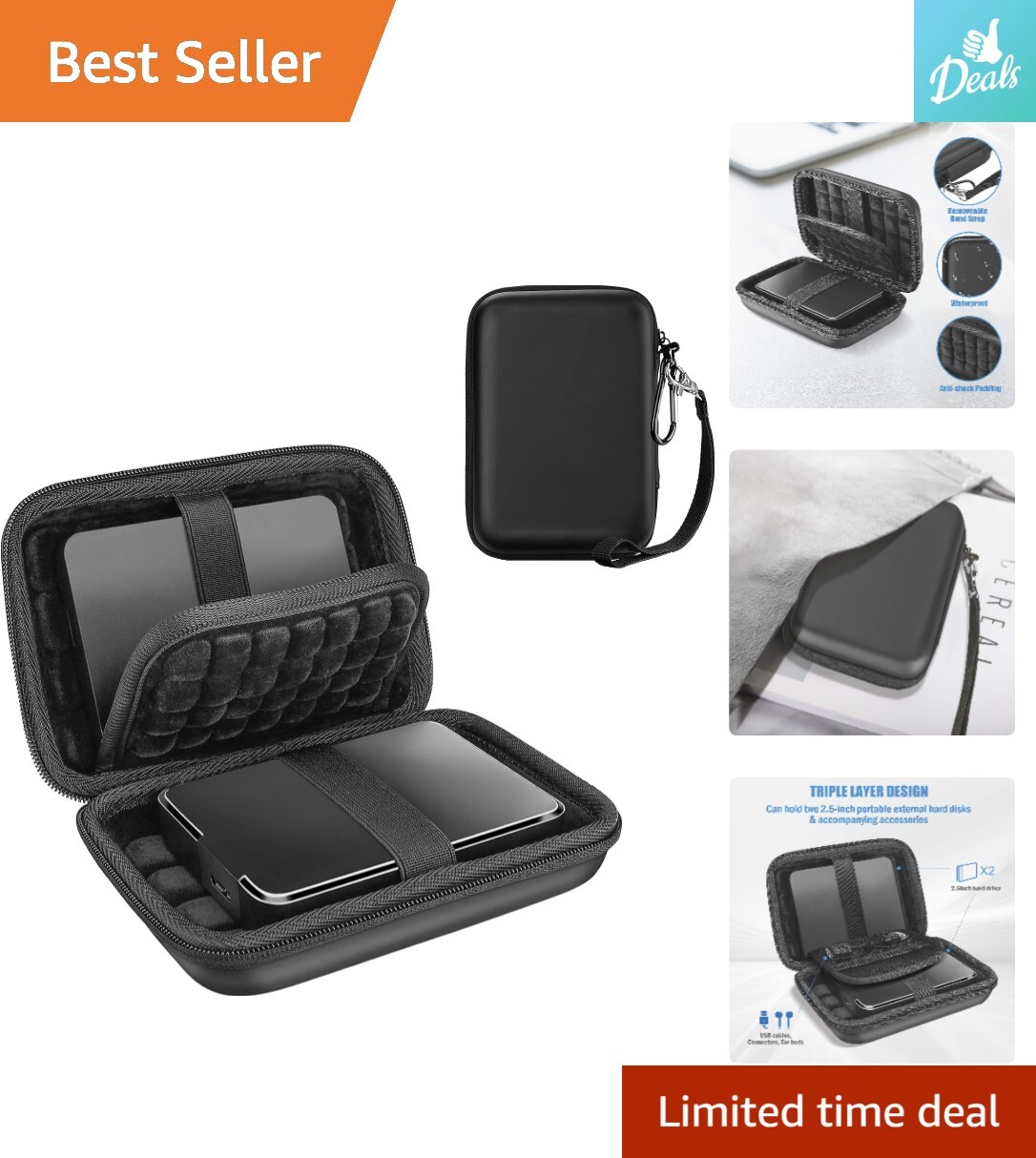 Portable External Hard Drive Carrying Case - Black, Water-Resistant EVA Shell-image