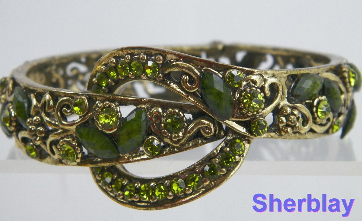 Vtg Acrylic Green Rhinestone Filigree Hinged Clamper Bangle