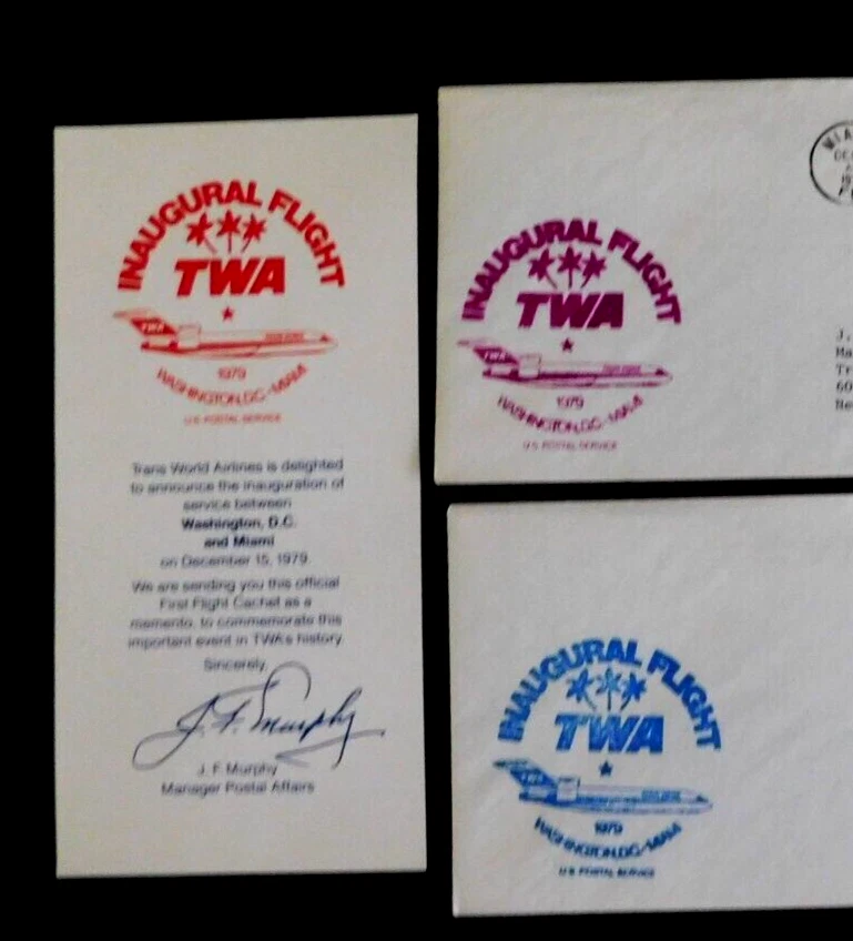 First Flight Wash DC to Miami, via TWA,  w/cards re service, backstamped, 1979 - Image 2 of 4