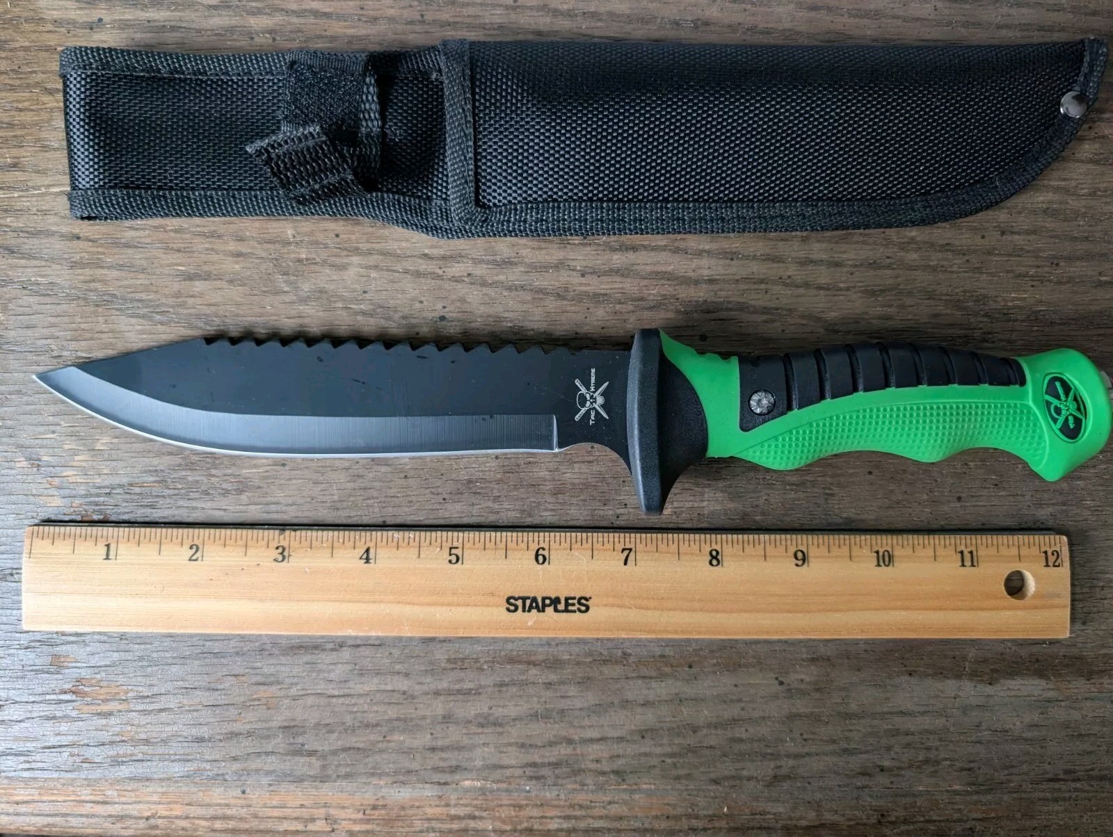 Tac Xtreme 12" Black Blade Green & Black Handle w/ Sheath TX-077GB