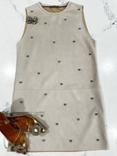 Zara Beaded Sleeveless Shift Dress Beige Short Round Neck Size S Casual