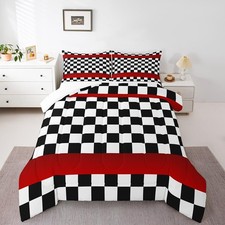 Black White Red 3 Pcs Queen Size Comforter Set,Checkered Squares Down Alterna...