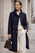 VTG  Worthington Essentials Wool Blend Navy Blue Long Line Double Breasted Gold