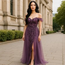 Fashion Nova Purple Sequin Mesh Overlay Gown Off Shoulder Evening Dress Size