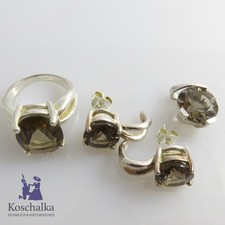 Vintage 925er Silber Ring, Ohrringe und Anhänger mit Rauchtopas (E2691)