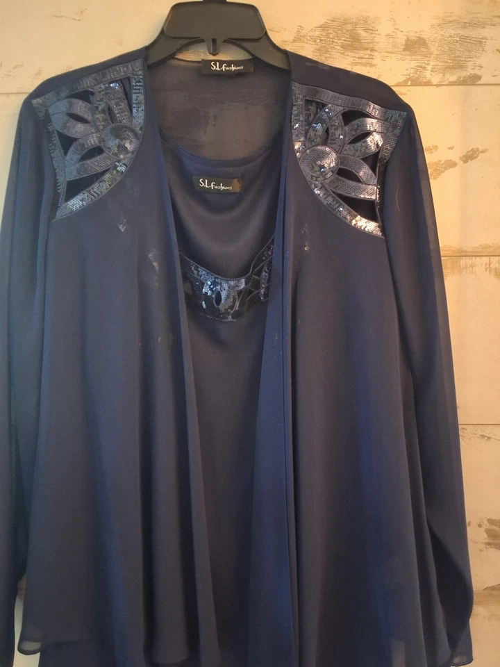 S.L. Maxi conjunto de vestido y chaqueta sin mangas Fashions azul marino de 2 piezas talla 18W Foto 2 de 4