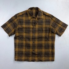 VTG 50s Brown Mustard Plaid Loop Collar Camp Shirt Rockabilly Atomic Shadow Wool
