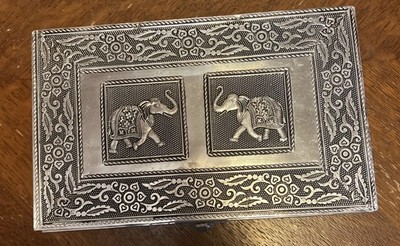 Oxidized Aluminum Metal Trinket Box Floral & Vine Scroll Border Beautiful Fabric