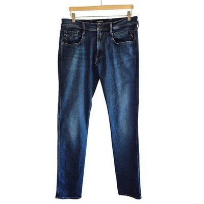 Replay Anbass Jeans M914 Mens W34 L34 Blue Slim Tapered Hyperflex Stretch Denim
