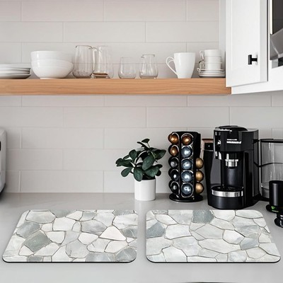 White Stone Wall Dish Mat Drying Kitchen Mat 2 Pack Abstract Natural Rock Til...