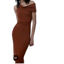 Zara Off The Shoulder Midi Bodycon Dress Womens Medium Brown 5039 466 700