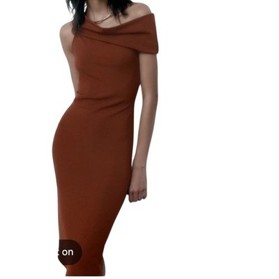 Zara Off The Shoulder Midi Bodycon Dress Womens Medium Brown 5039 466 700