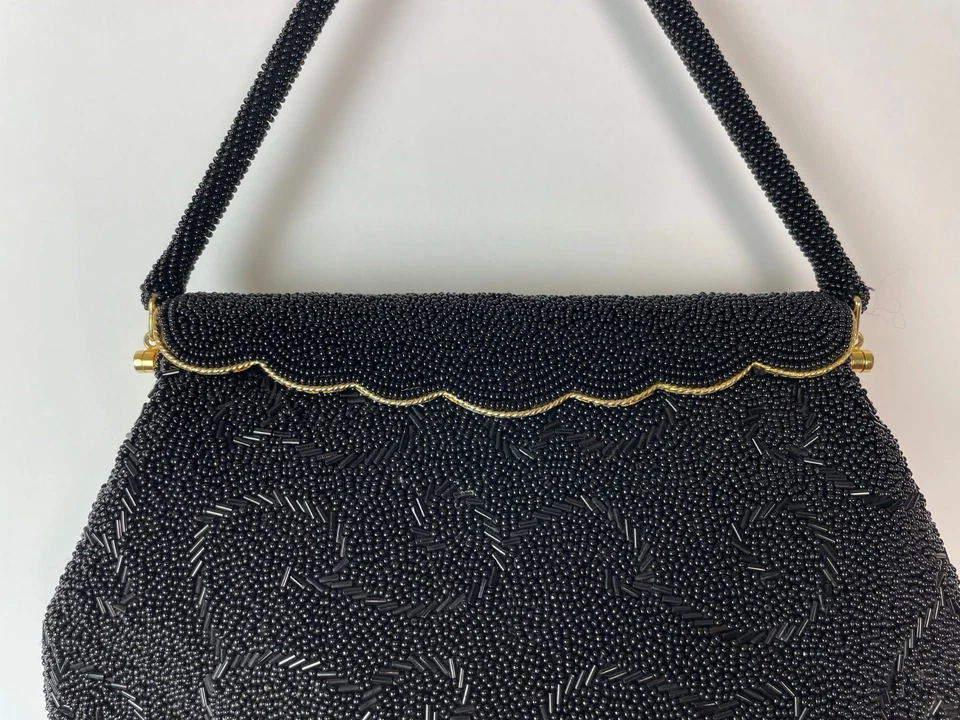 Vintage 50s Handmade Womens Black Beaded Gold-Tone Mini Handbag - Image 2 of 4